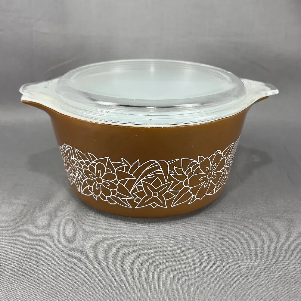 Vintage Pyrex #473B 1L Woodland Baking Casserole Dish Bowl Lid Brown 70s